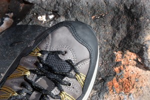 The Five Ten Insight has lots of rock climbing DNA built into it. Note the toe protector and rands around the top of the shoe that offers increased traction during scrambling. 
