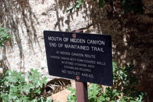 Sign post at the mouth of Hidden Canyon. Photo by Dan Sanchez, FreshAirJunkie.com 